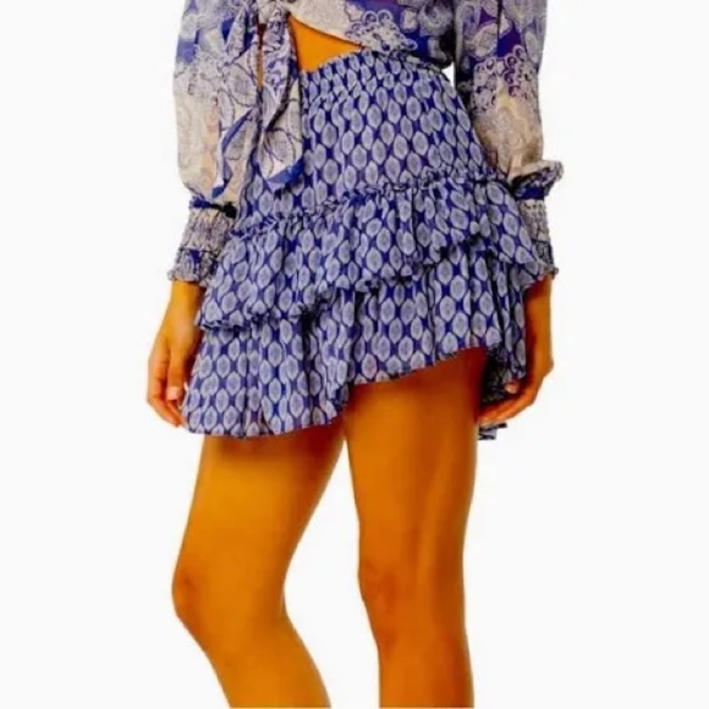 NWT Blue Geometric Tiered Ruffle Mini Skirt | Made in USA | Size Large